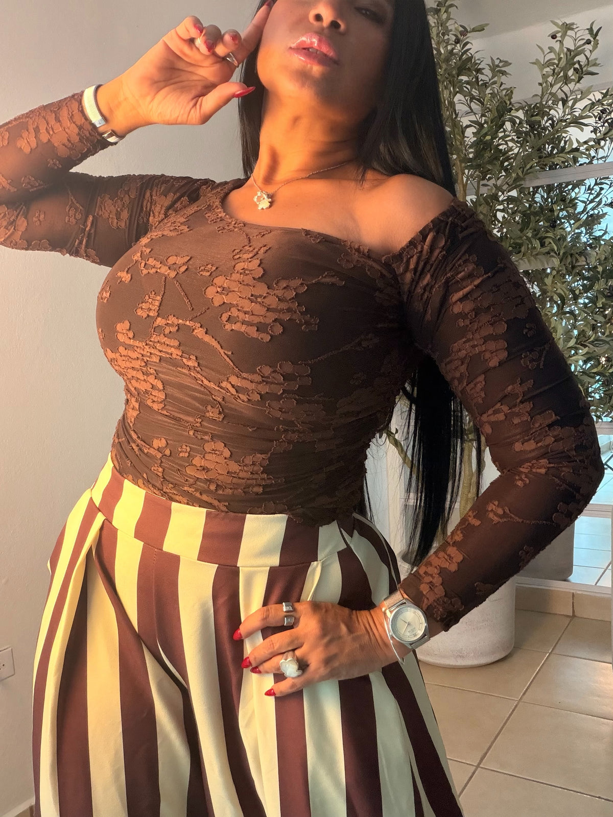 Brown Choco Spandex Lace Mesh Top de Lujo (color marrón) SOLD OUT GRACIAS