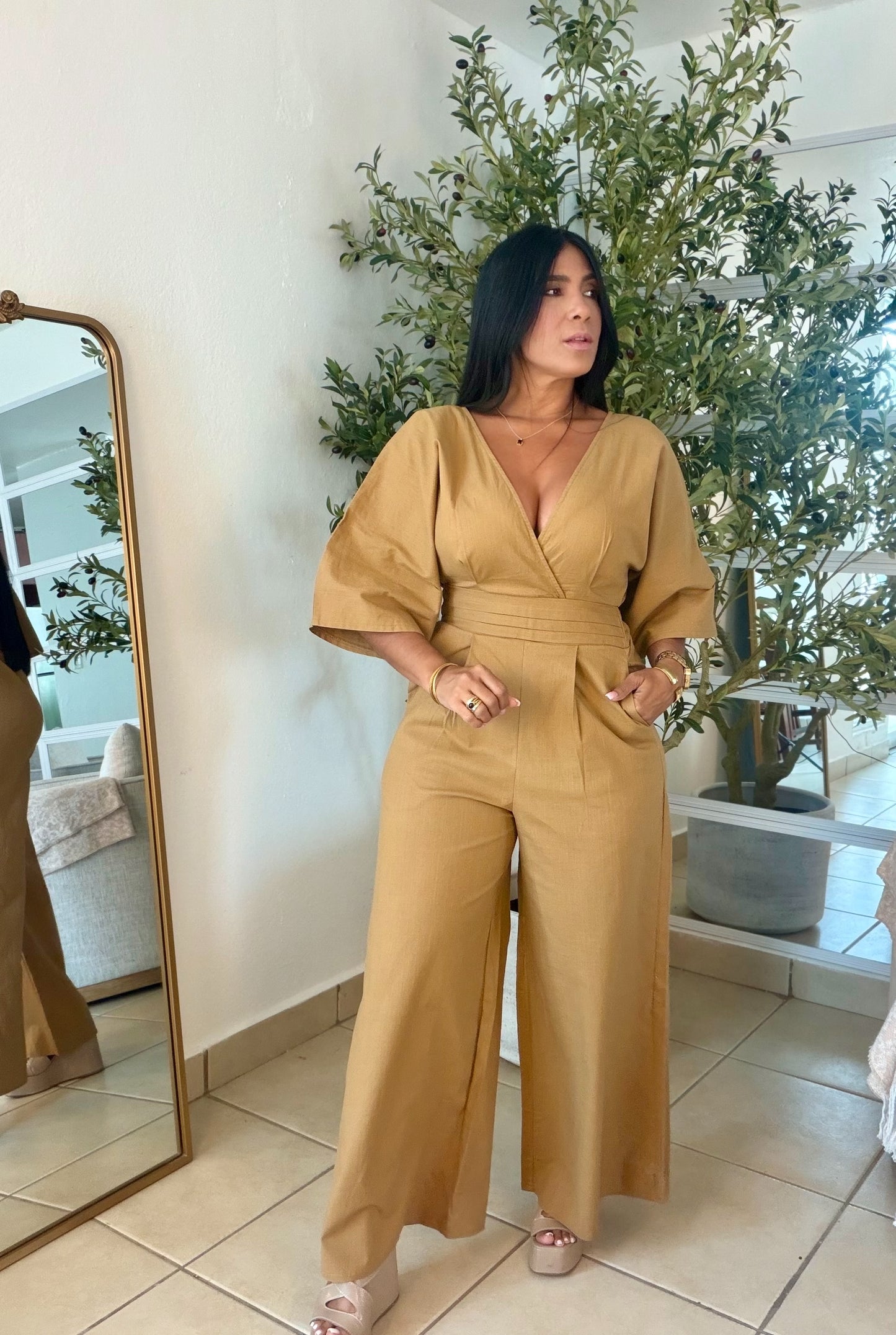 Bello Gold Taupè Bien Spandex Wide Leg Jumpsuit (tiene bolsillos)
