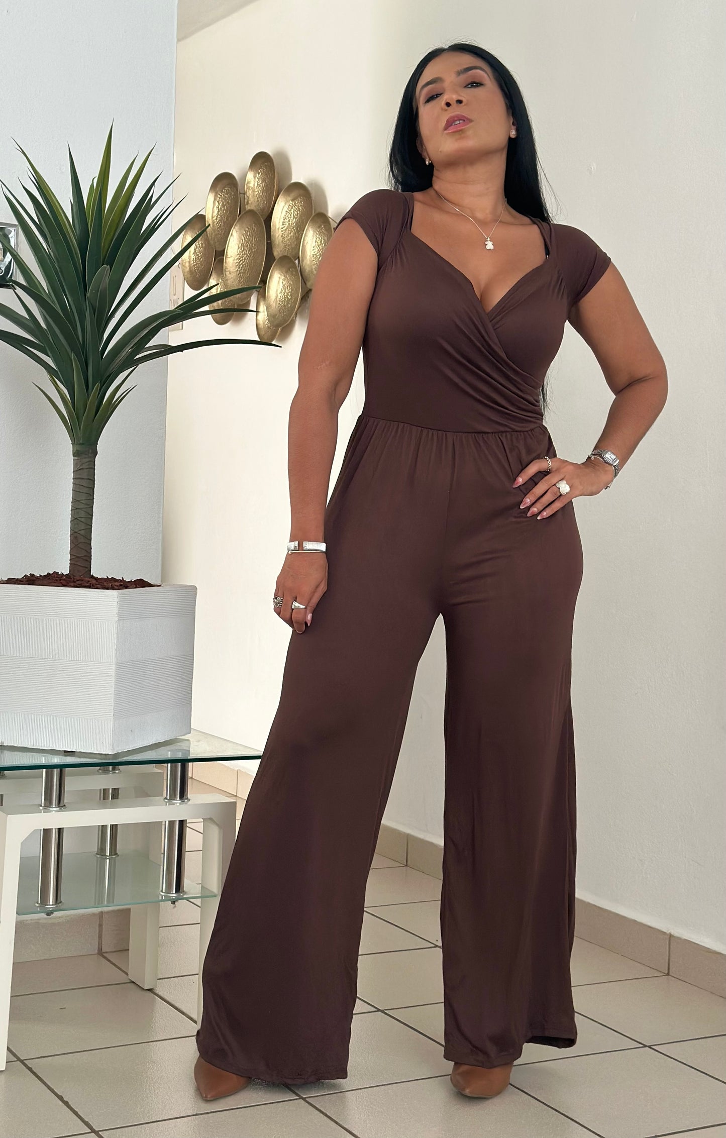 Brown Choco Spandex Cotto Palazzo Jumpsuit