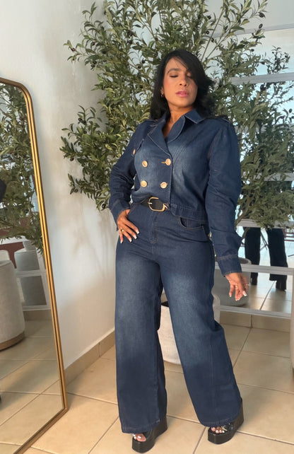 Set Denim Blue  De Top Jacket y Mahòn. Todo es bien expandible. Incluye correa (small me queda grande) son tres piezas (SOLD OUT GRACIAS)