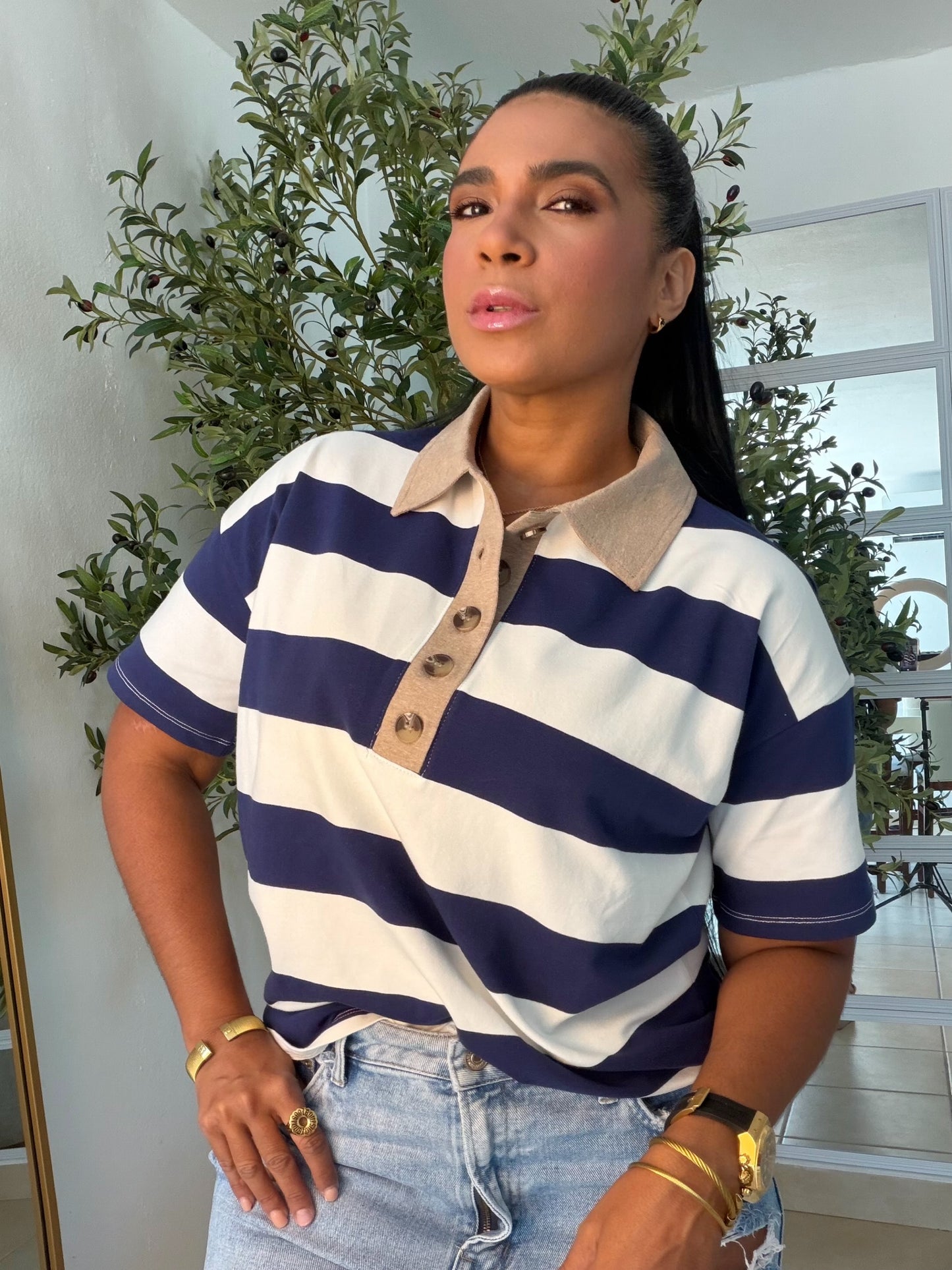 Navy Blur  and White Luxe Spandex Premium Striped Polo Shirt (camisa con lìneas color azul navy) De lujo!