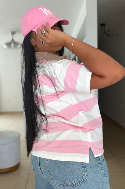 Pink Pink Striped Spandex Polo Top De Lujo (PRE ORDEN) SOLD OUT