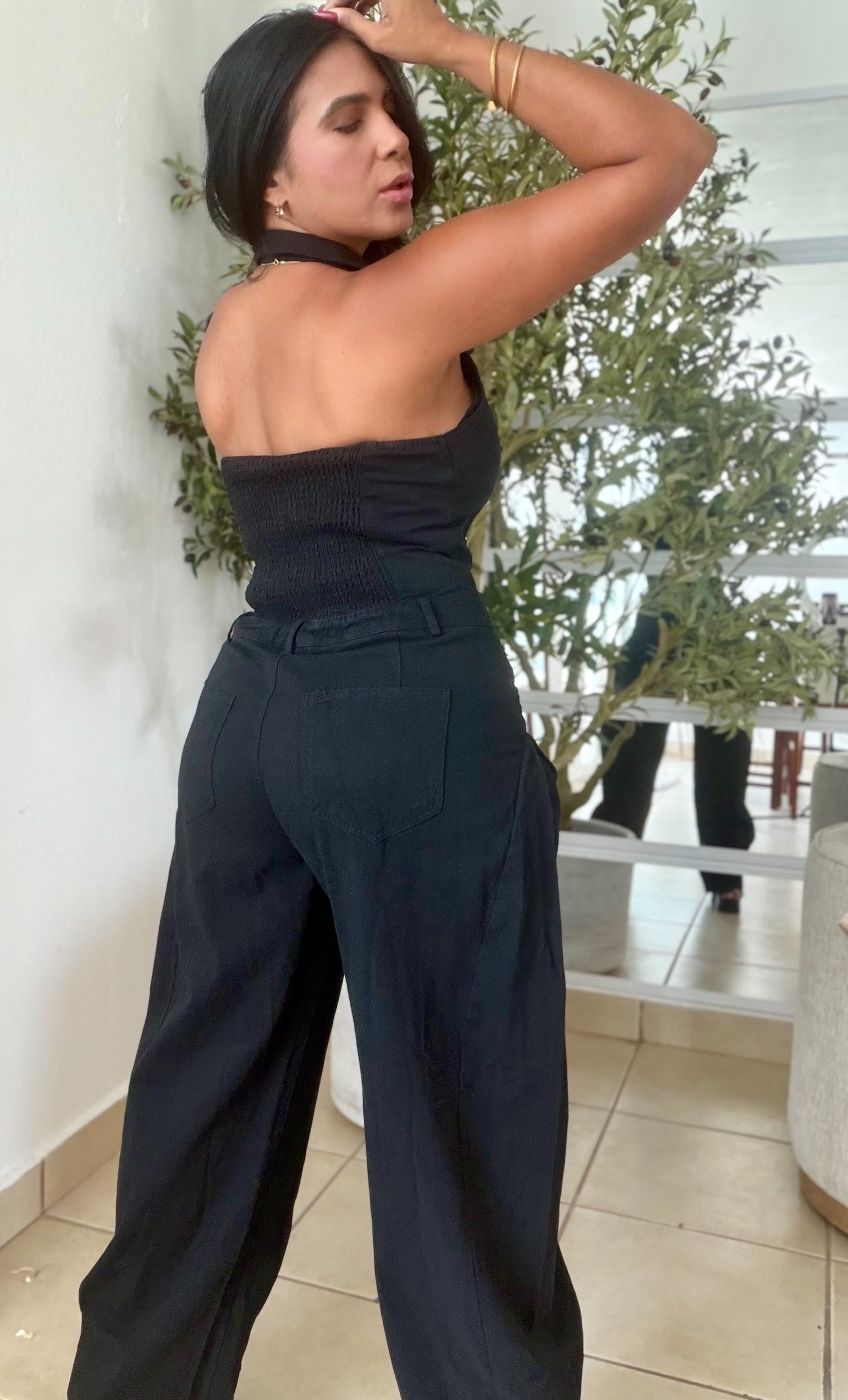 El Blacky Black Spandex Denim Vest Jumpsuit (tiene bolsillos)