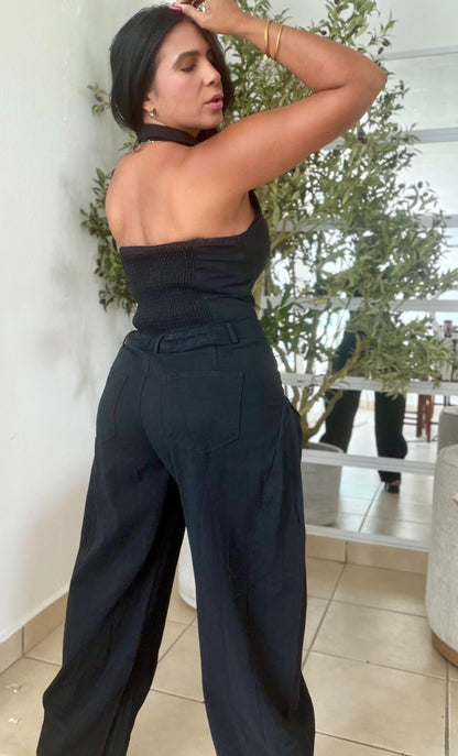 El Blacky Black Spandex Denim Vest Jumpsuit (tiene bolsillos)