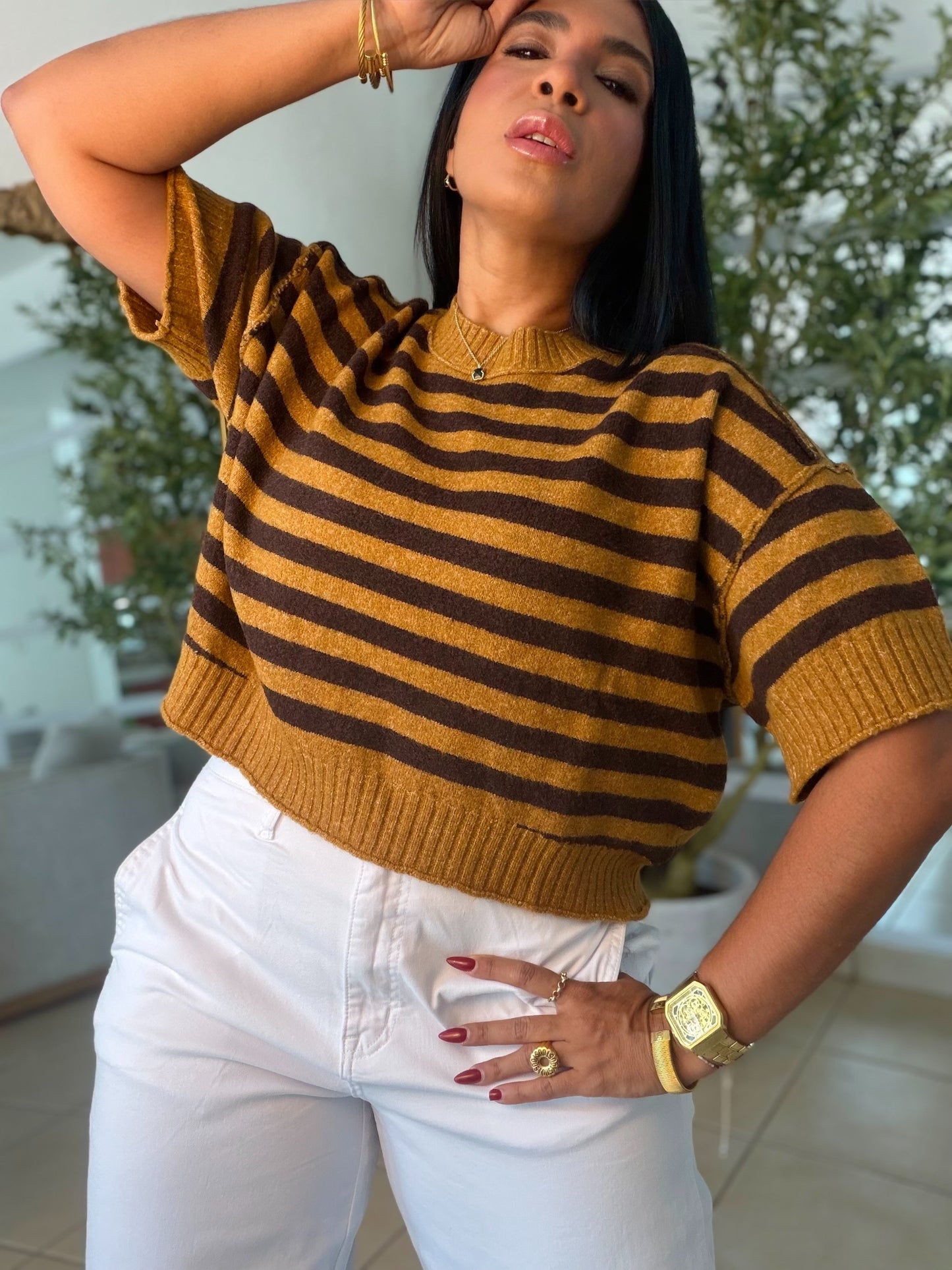 “Eva” Choco Brown and Mustard Oversized Top (top de lìneas)