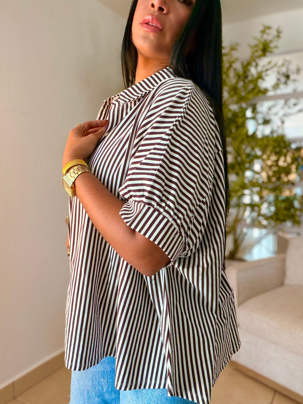 Choco Brown and White Oversized Striped Blusòn (lìneas color chocolate brown) SOLD OUT GRACIAS