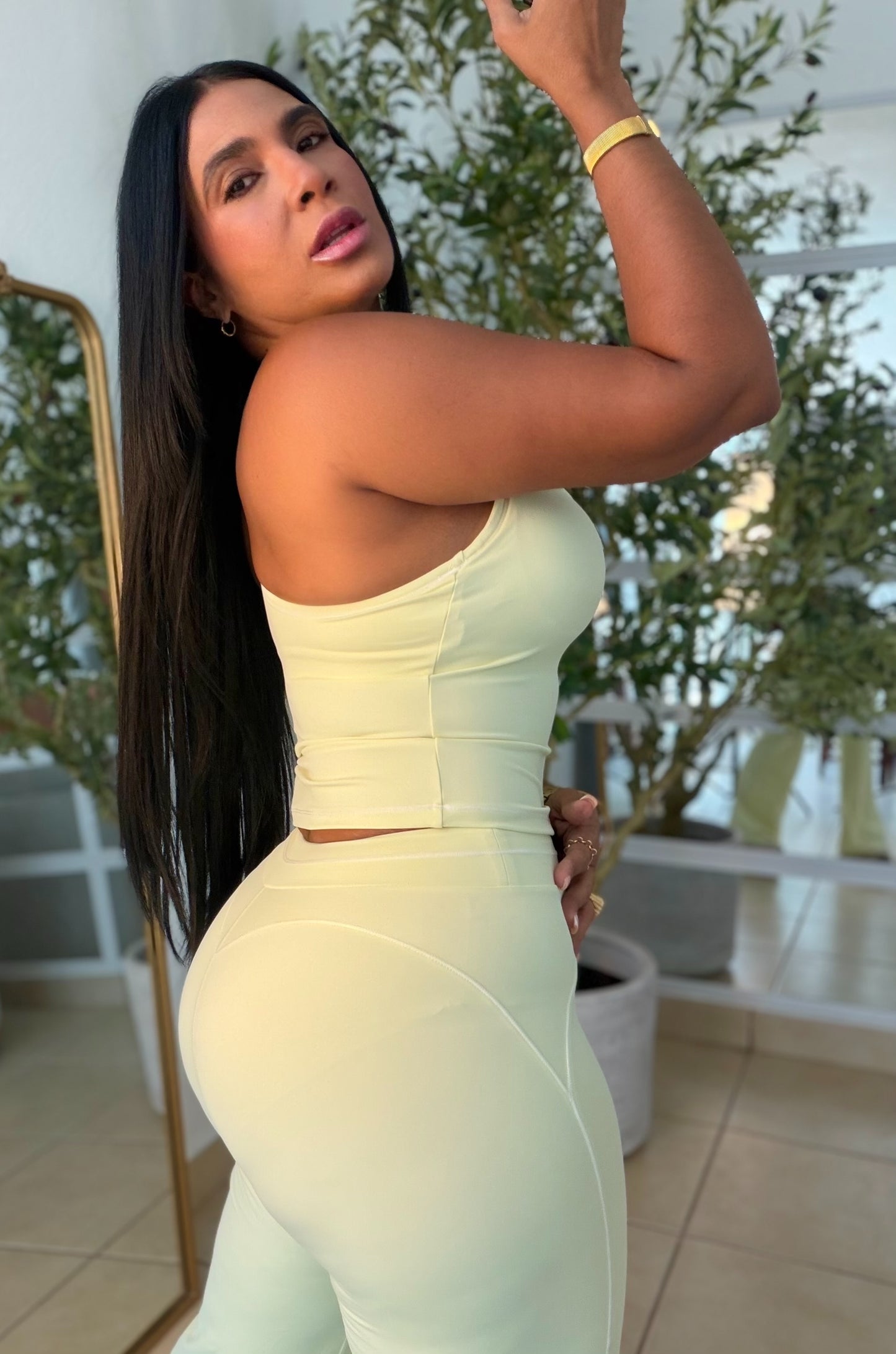 Nüra Lemon Green Spandex Sporty Top and Wide Leg Pants Set