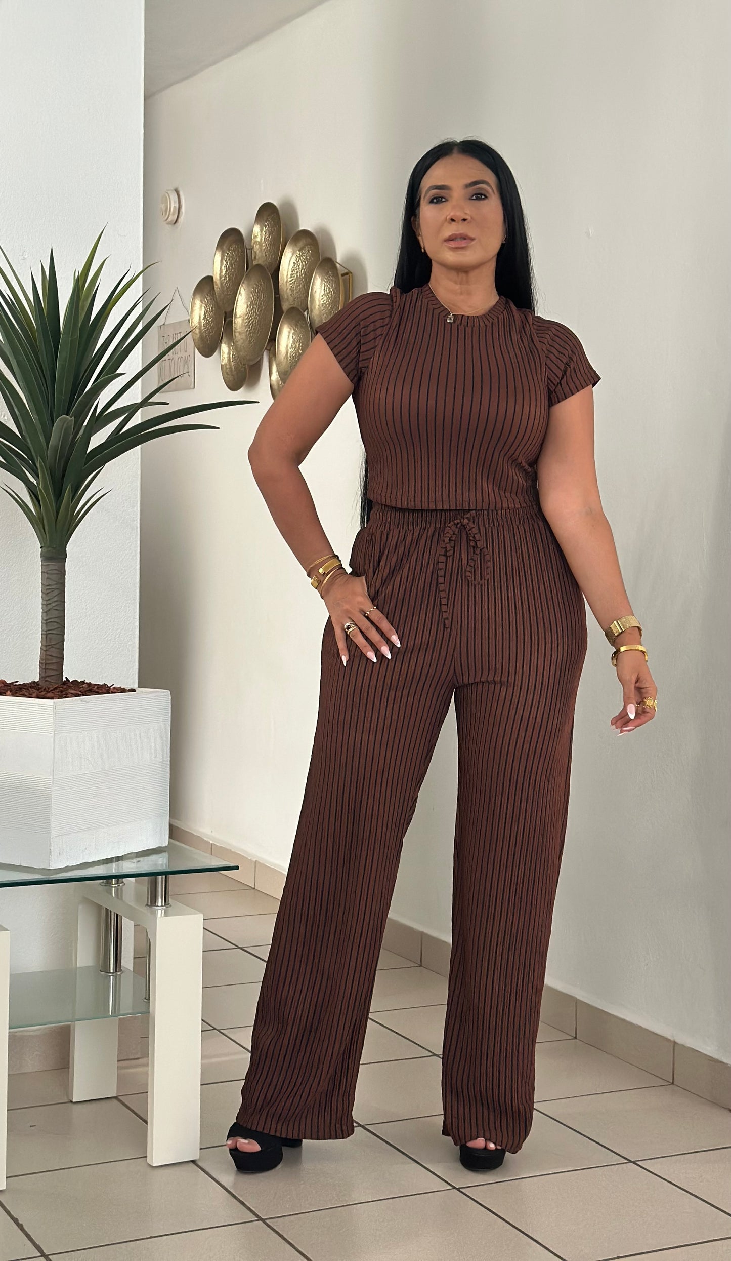 Indiana Spandex Brown con líneas negras Wide Leg Pants Set