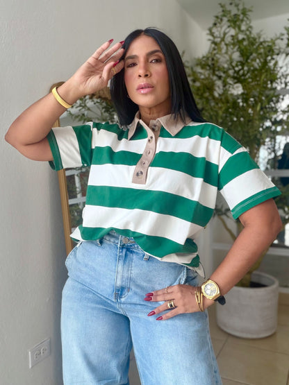 Hunter Green and White Luxe Spandex Mega Premium Striped Polo Shirt