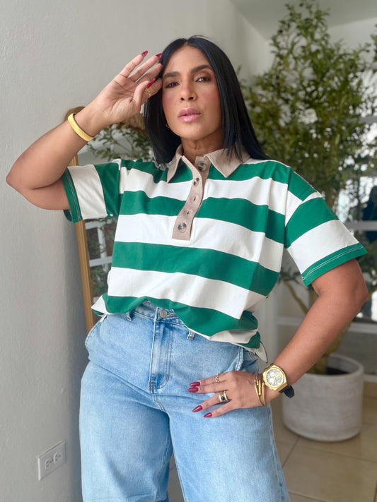 Hunter Green and White Luxe Spandex Mega Premium Striped Polo Shirt