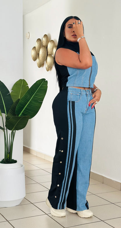 Lela Black and Denim Spandex Travel Set (tiene bolsillos y totalmente expandible) único color