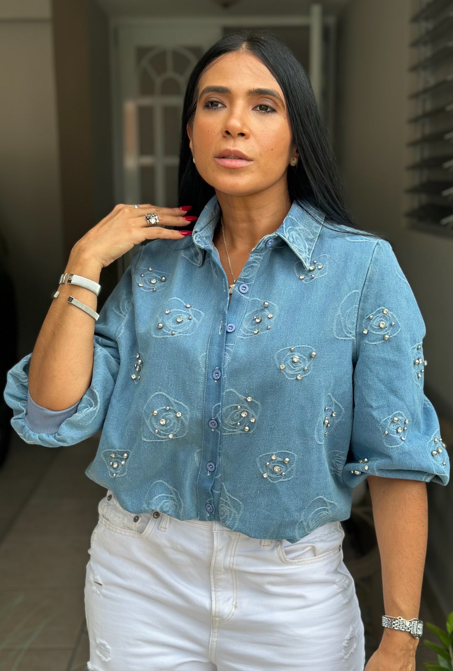 Vieri Bien Spandex Y Cómoda DENIM Top Light Blue