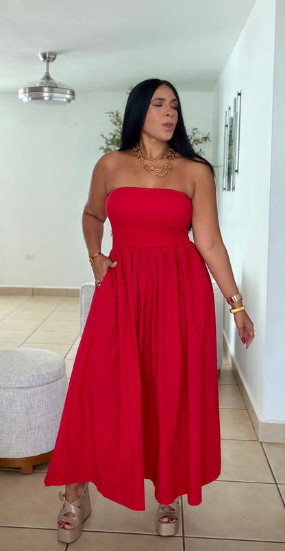 Stunning Red Tube Spandex Midi Dress (demasiado bello!!) tiene bolsillos. No zipper ni botones