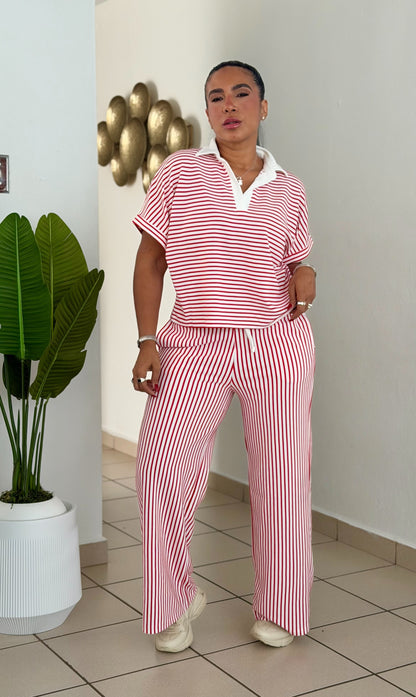 White and Red Striped Spandex Pants Set ( tiene bolsillos y único color) líneas rojas