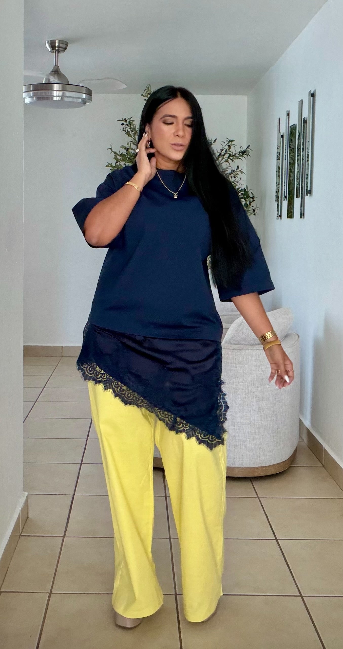 Lulu Oversized Luxe Navy Blue Shirt with lace