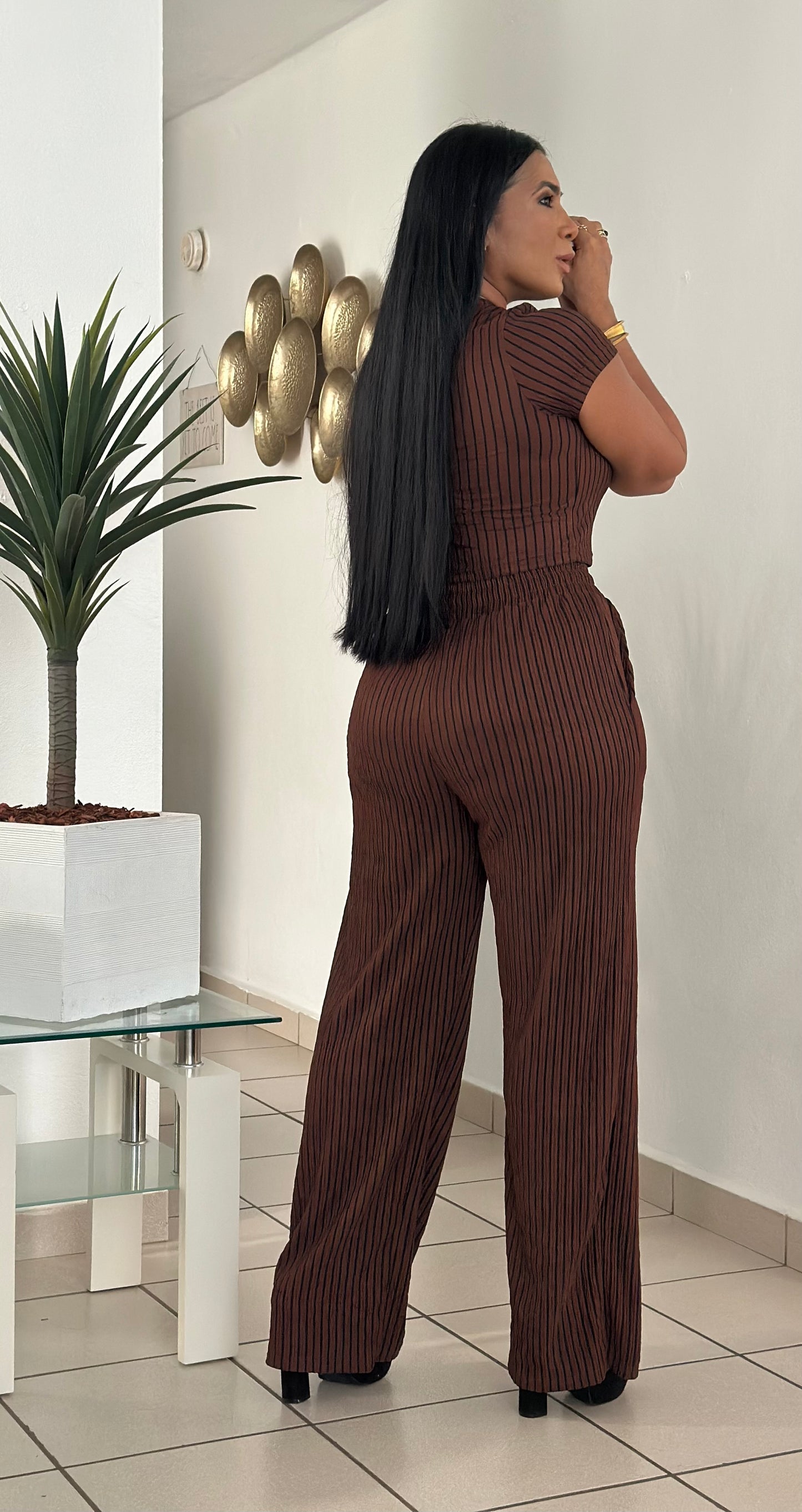 Indiana Spandex Brown con líneas negras Wide Leg Pants Set