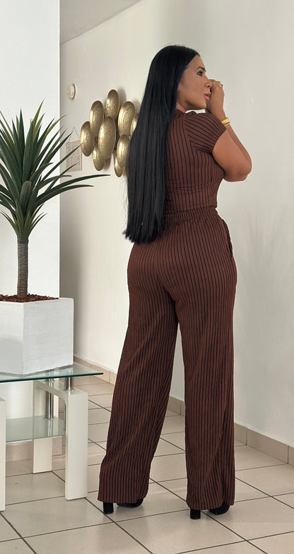 Indiana Spandex Brown con líneas negras Wide Leg Pants Set