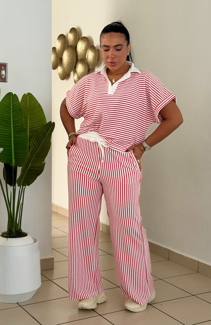 White and Red Striped Spandex Pants Set ( tiene bolsillos y único color) líneas rojas