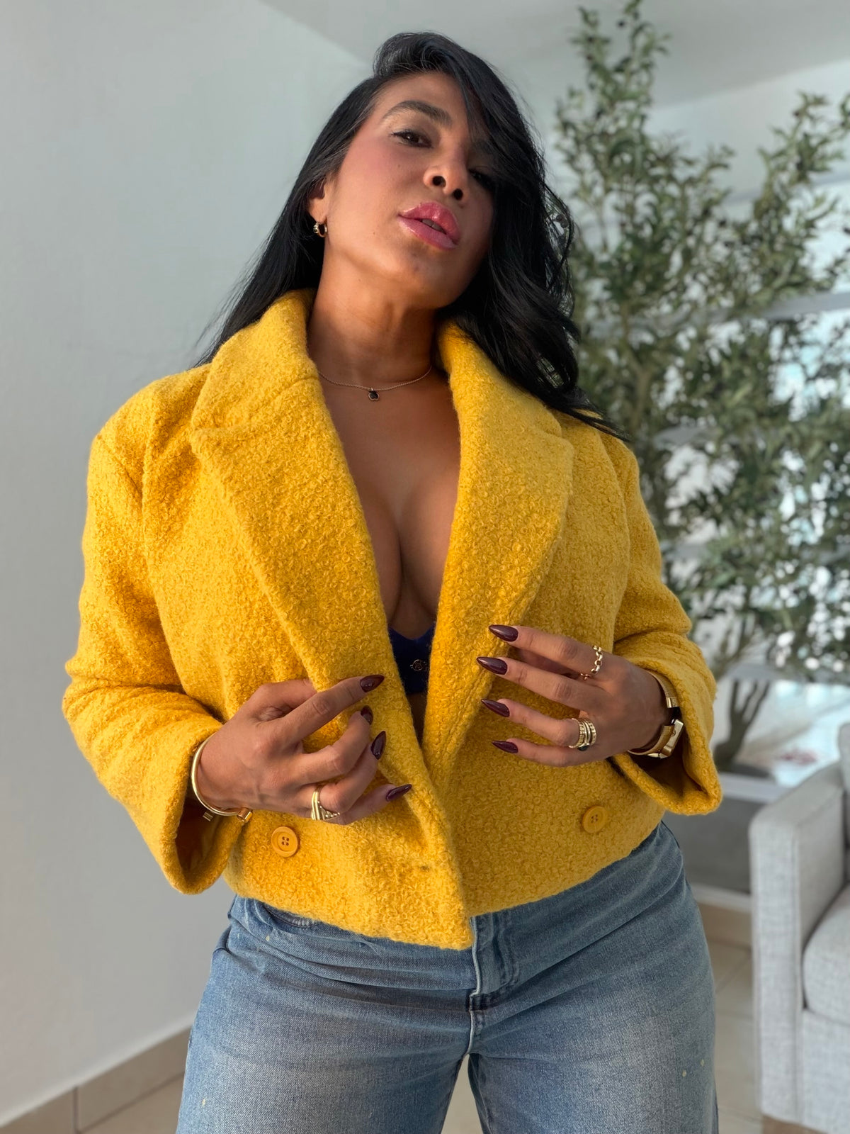 Vintage Yellow Mustard Luxurey Textured Premiun Oversized Jacket Top