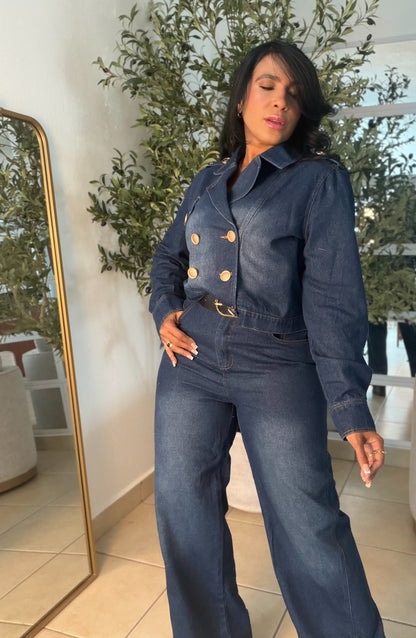 Set Denim Blue  De Top Jacket y Mahòn. Todo es bien expandible. Incluye correa (small me queda grande) son tres piezas (SOLD OUT GRACIAS)