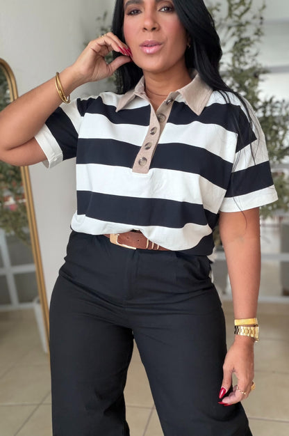 Blacky Black and White Luxe Spandex Premium Striped Polo Shirt (camisa con lìneas color negro) SOLD OUT