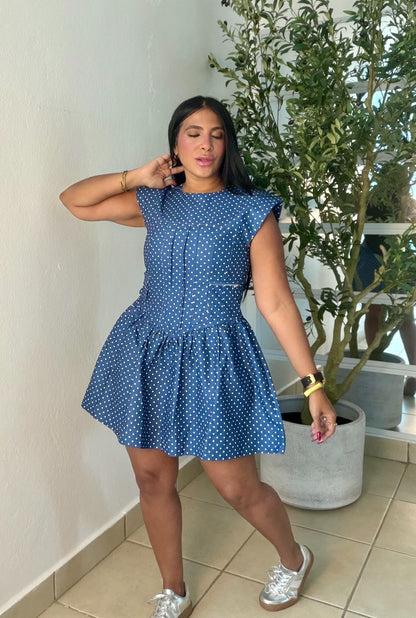 Denim Blue Mini Polka Dots Spandex Dress Blue.  Tiene bolsillo removible (SOLD OUT GRACIAS)
