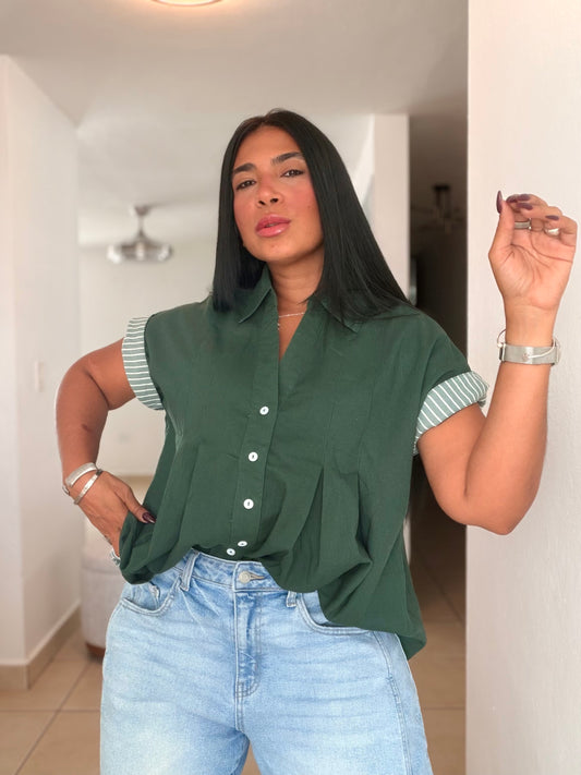 Luxe Hunter Green Linen Oversized Blusòn (mangas se usan de dos formas) Color Verde (SOLD OUT GRACIAS