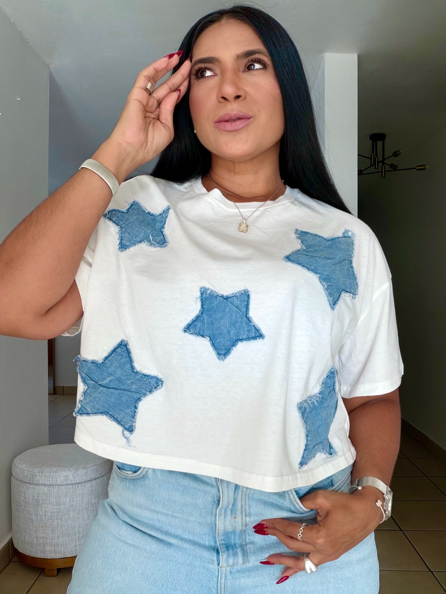 Estrellas White and Denim Top