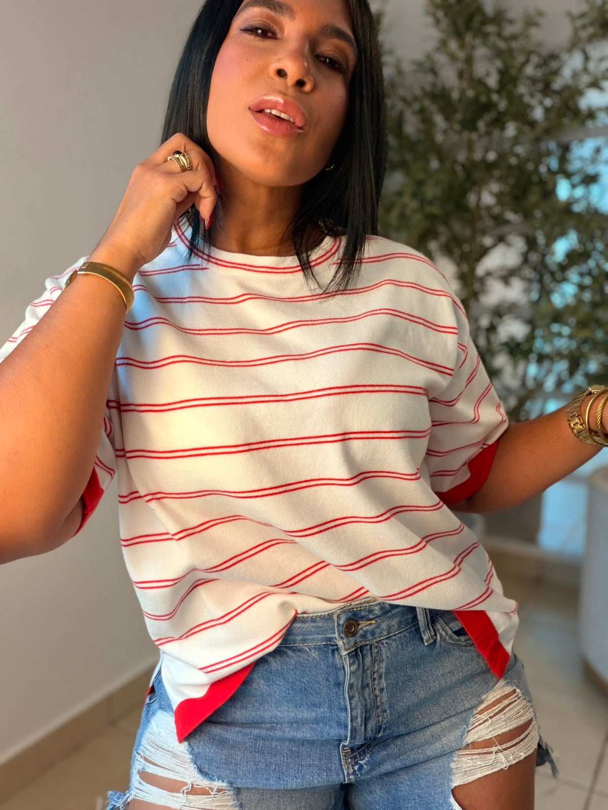 White and Red  Striped (lìneas) Oversized Premium Top Para todo el Año