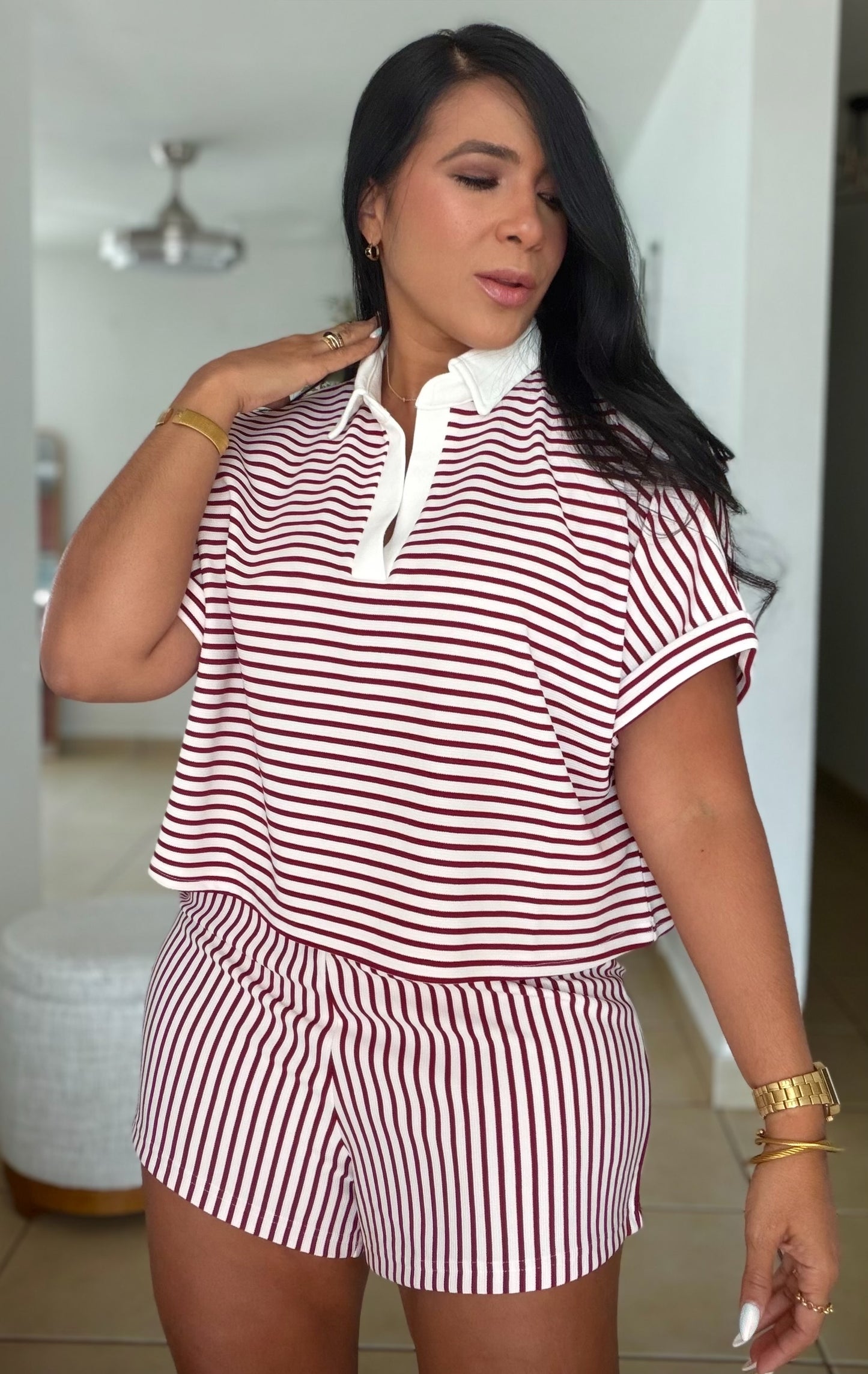 Cabernet Red Striped Spandex Luxe pants and Blusòn Shorts Set