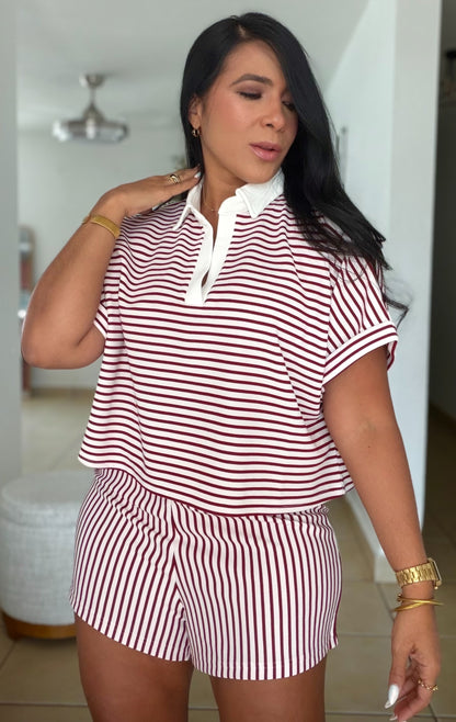Cabernet Red Striped Spandex Luxe pants and Blusòn Shorts Set