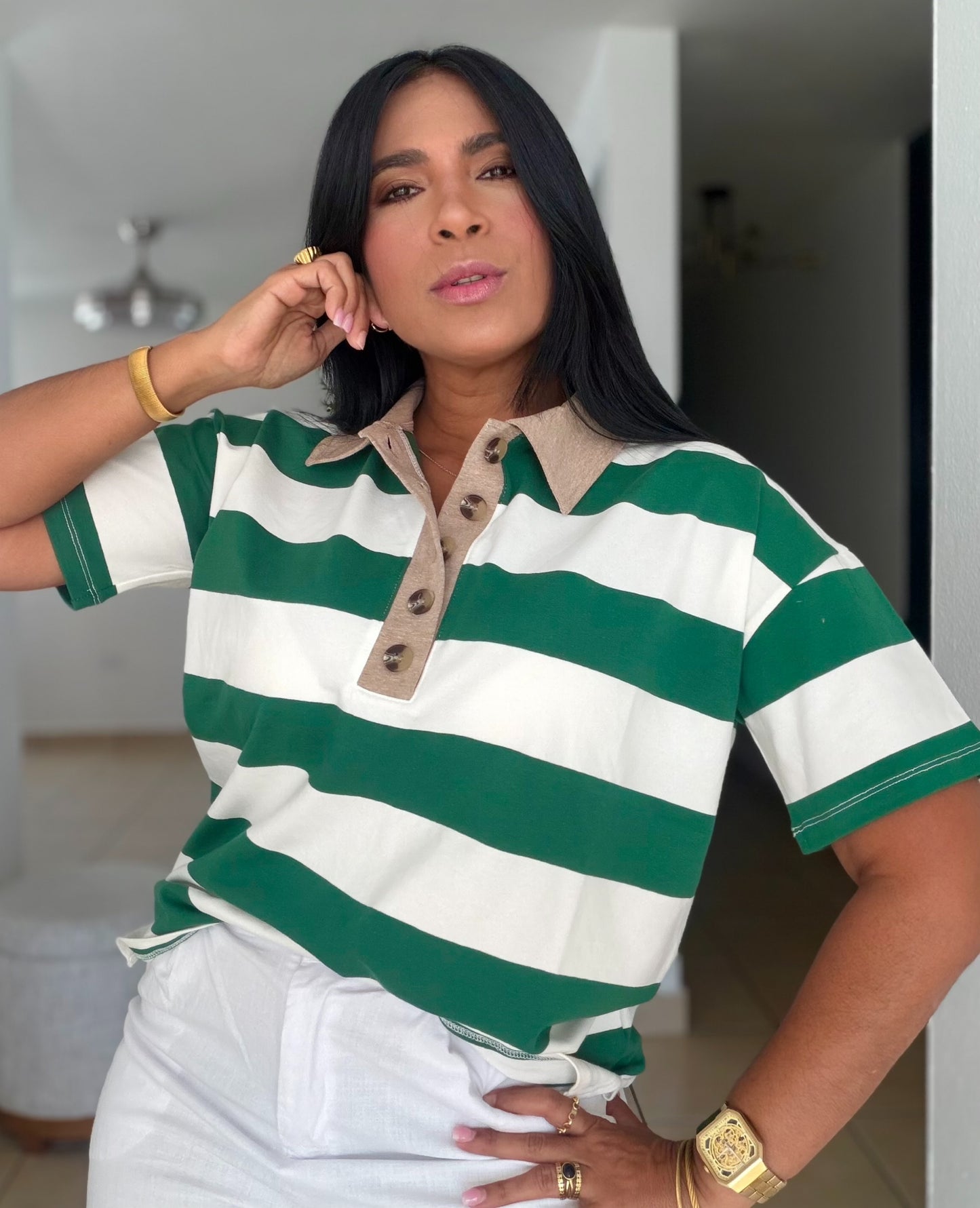 Hunter Green and White Luxe Spandex Mega Premium Striped Polo Shirt (SOLD OUT)