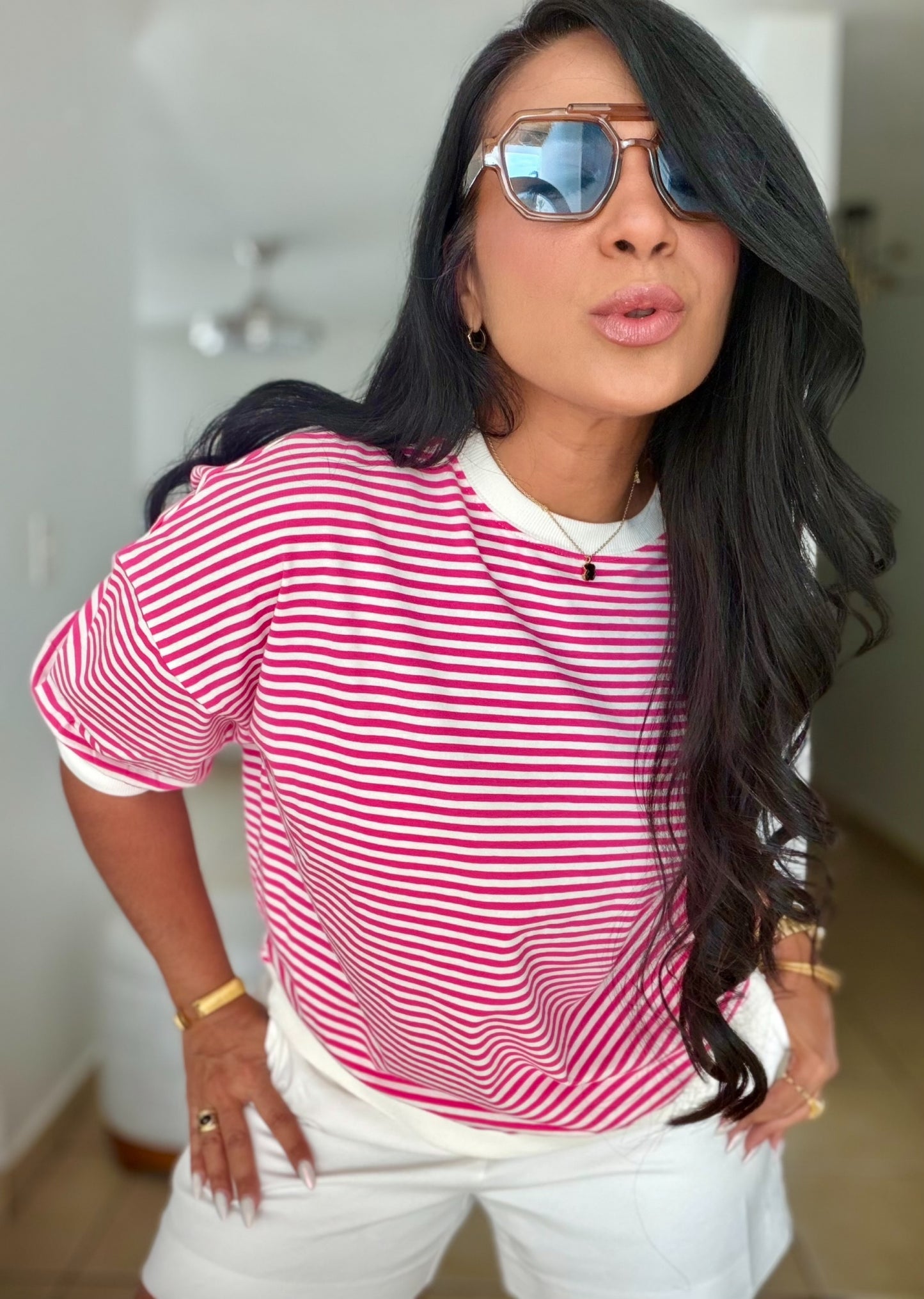 Striped Hot Pink and White Cotton Spandex Blusón