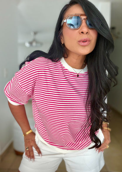 Striped Hot Pink and White Cotton Spandex Blusón