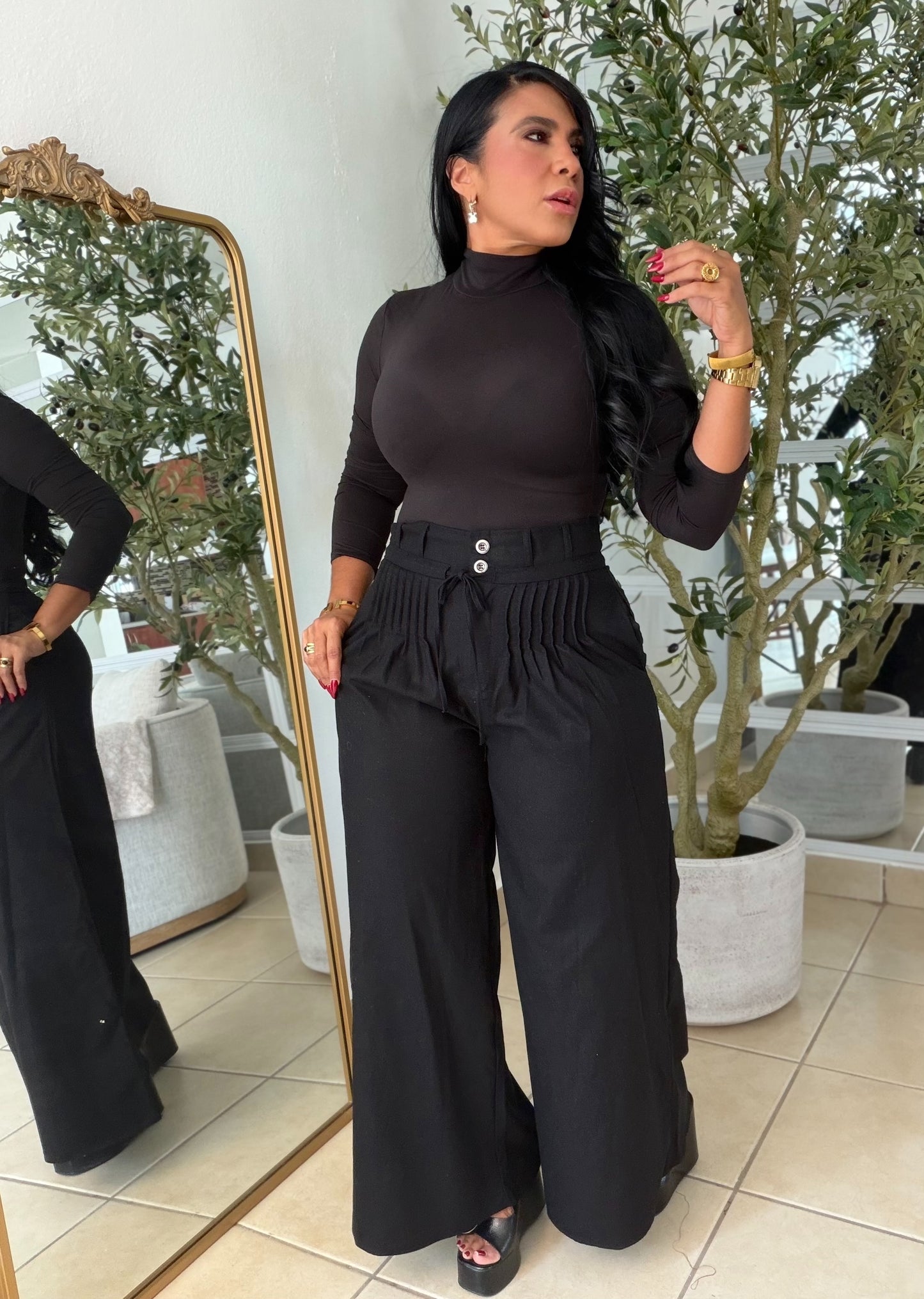 Premium Linen Spandex Pleated Blacky Pants Wide Leg