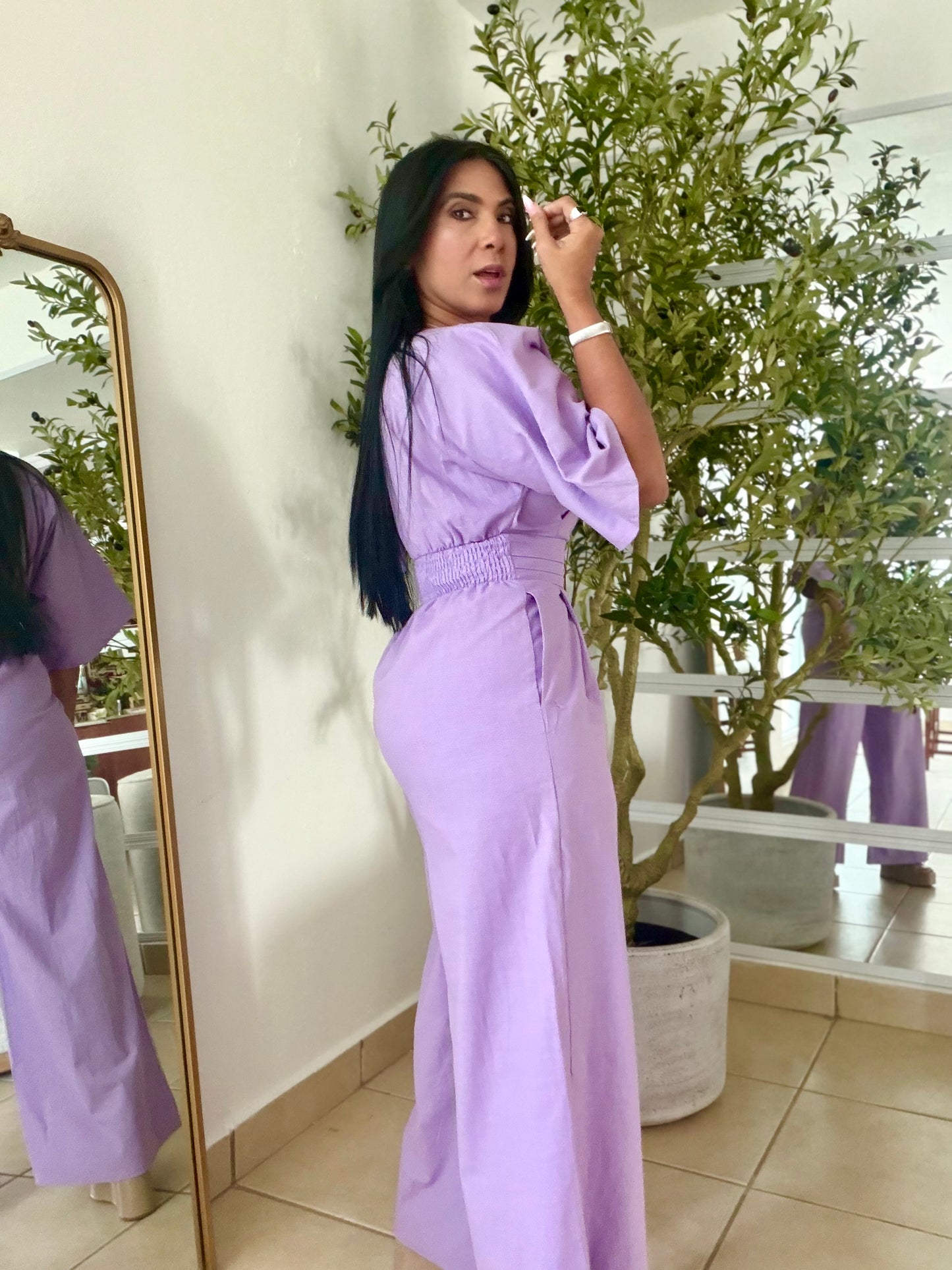 Bello Lavander Lila (Violeta) Bien Spandex Wide Leg Jumpsuit (tiene bolsillos) PRE ORFEN LLEGA SÁBADO)