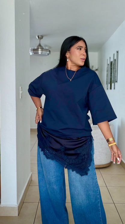 Lulu Oversized Luxe Navy Blue Shirt with lace