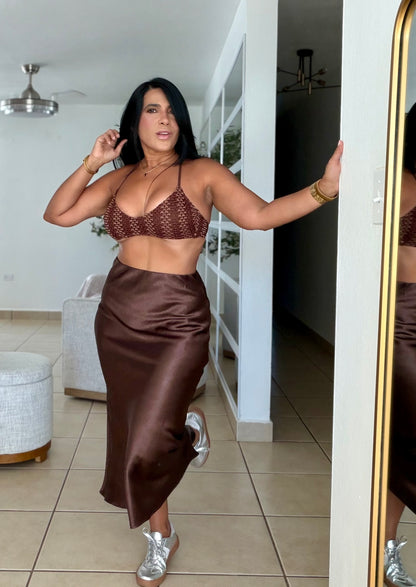 Texas Choco Brown Silk Spandex Midi Skirt (SOLD)