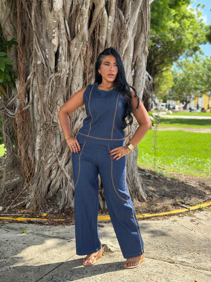 El Denim Blue Set de Camisa y Pantalòn Wide Leg màs bello del mundo!! Bien expandible y còmodo. Tiene bolsillos