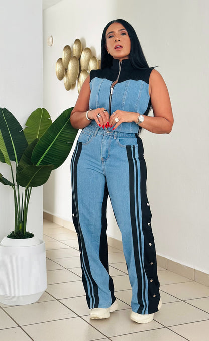 Lela Black and Denim Spandex Travel Set (tiene bolsillos y totalmente expandible) único color