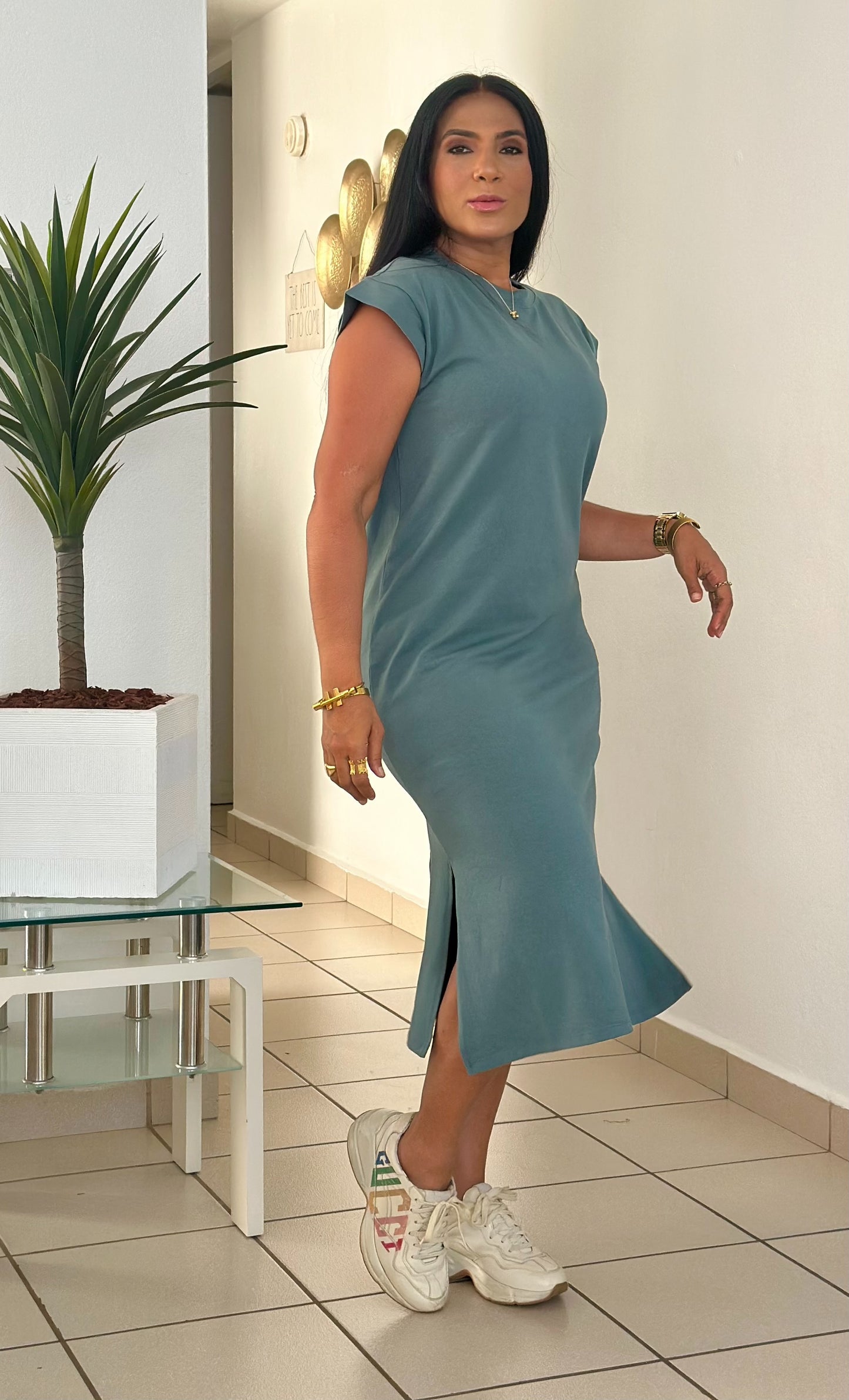 Teal Gray Barcelona Cotton Spandex Sporty Midi Dress (bien cómodo y expandible). Puesto small