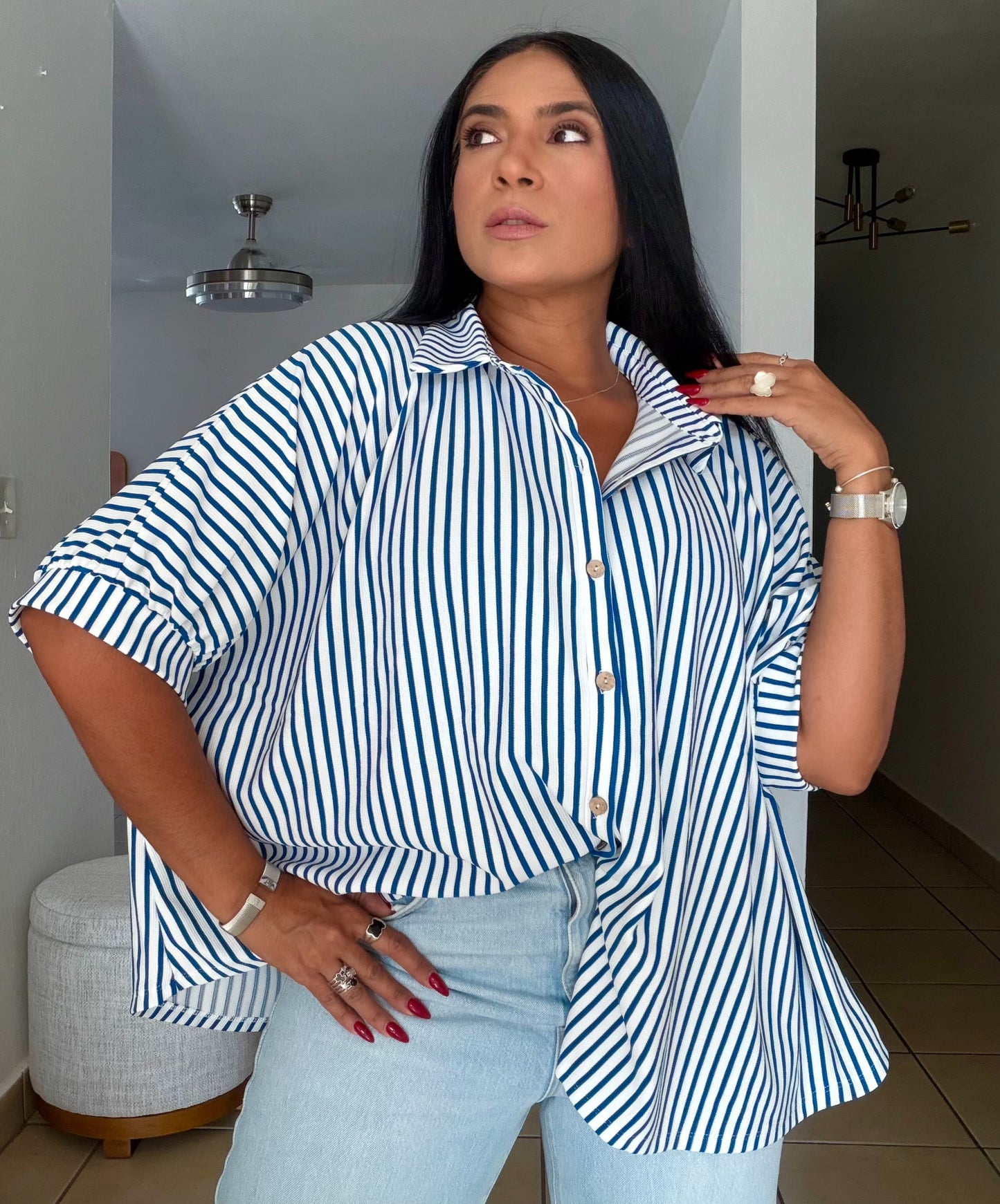 Ocean Blue Blue and White Oversized Stripe De Lujo Blusón