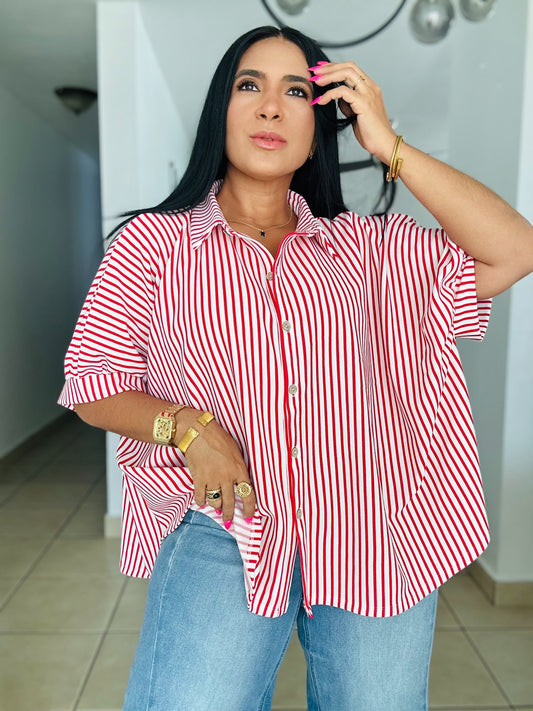 Red and White Oversized Stripe De Lujo Blusón PRE ORDER