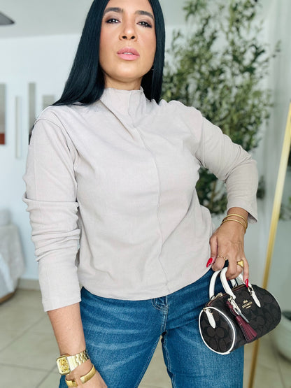 De Lujo Beige Taupé Oversized Spandex Blouse Premium