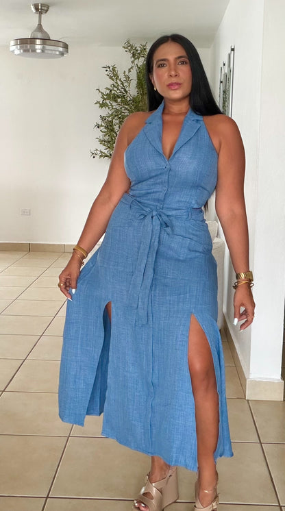 Denim Blue Halter Spandex Cut-Out Midi Dress