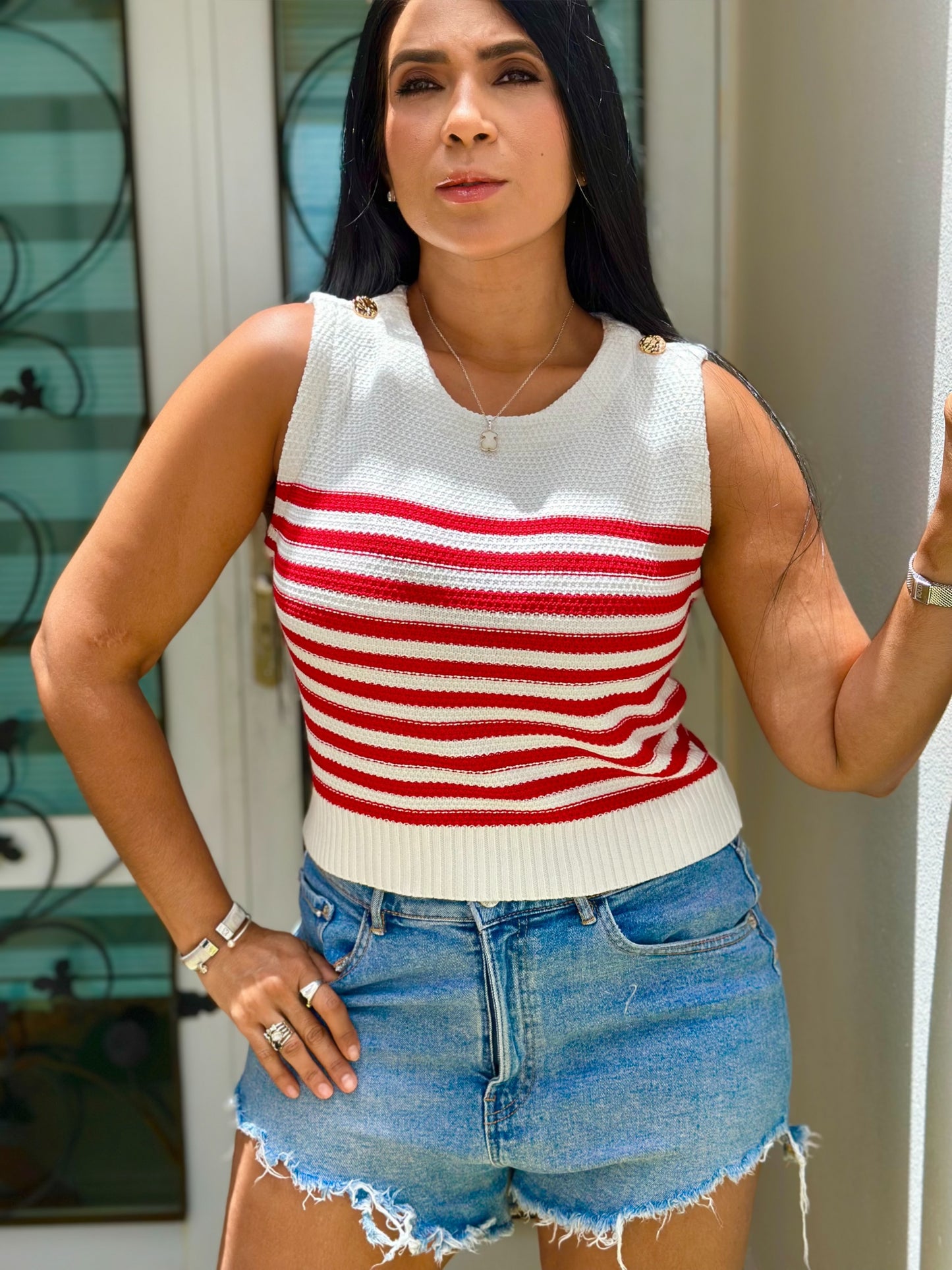 Knit Spandex Marinera Top Red and White