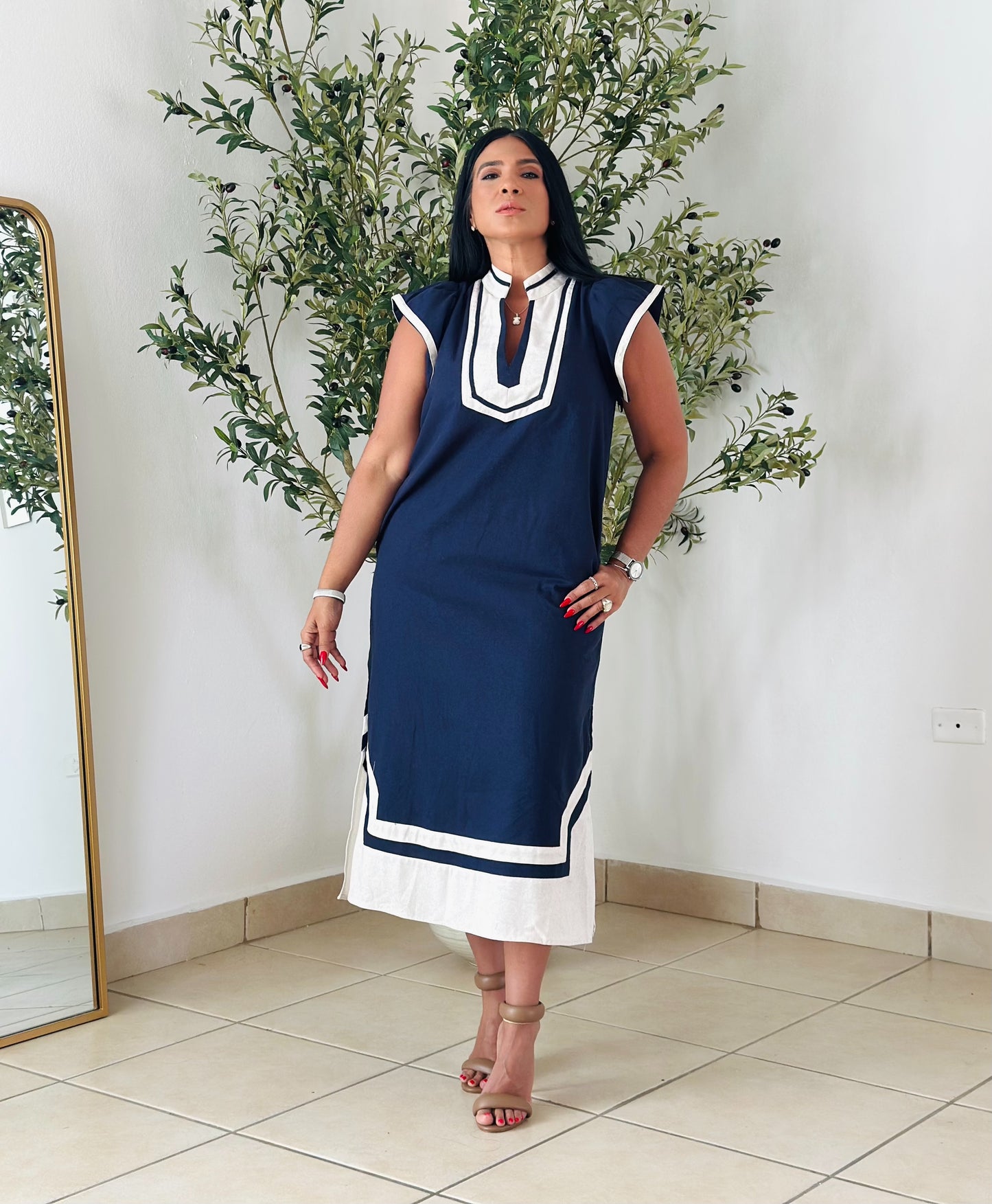 De lujo Ana y Blue Linen Spandex Midi Dress con bolsillos