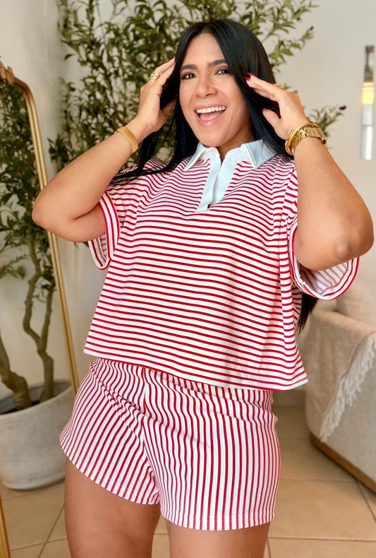 Red Red and White Striped Spandex Luxe pants and Blusòn Shorts Set (SOLD OUT)