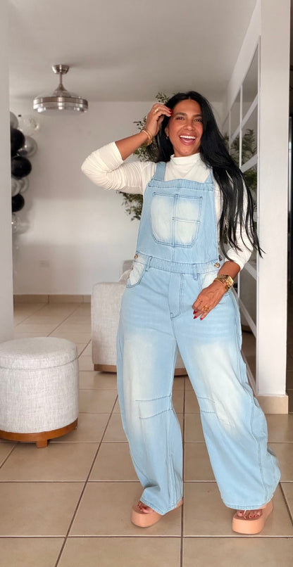 Baggy Barrel Spandex Overall Mega Premium.  Denim light Blue.