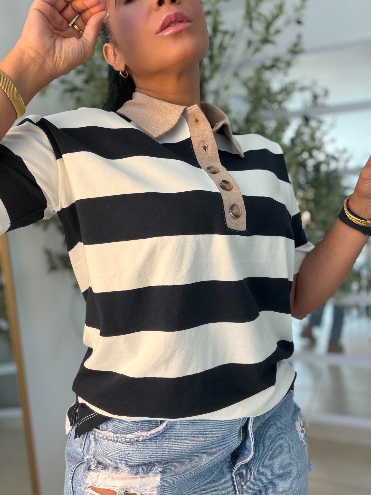 Blacky Black and White Luxe Spandex Premium Striped Polo Shirt (camisa con lìneas color negro)